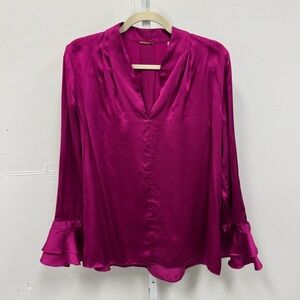Elie Tahari Silk V-neck Ruffle Sleeve Blouse Top Fuchsia Large